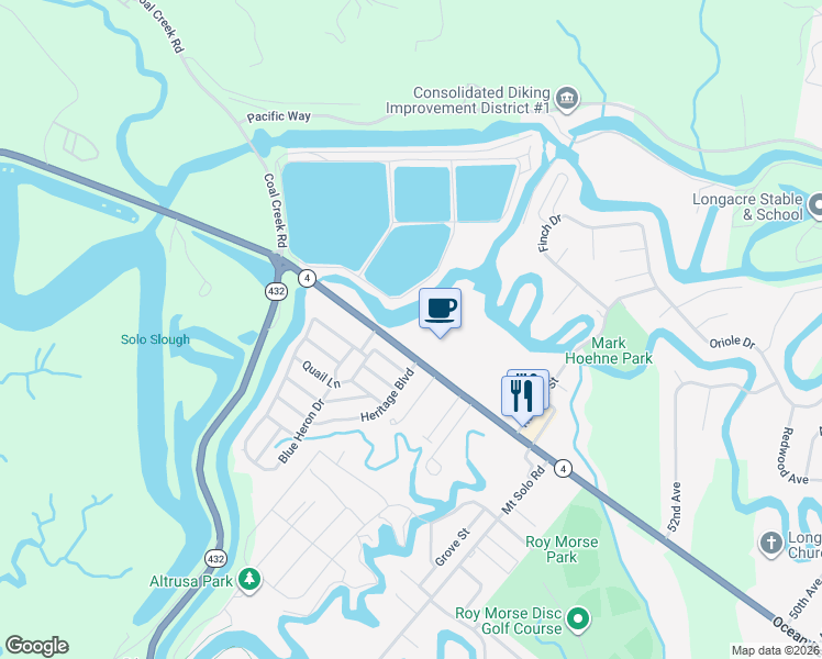 map of restaurants, bars, coffee shops, grocery stores, and more near 5824 Ocean Beach Highway in Longview