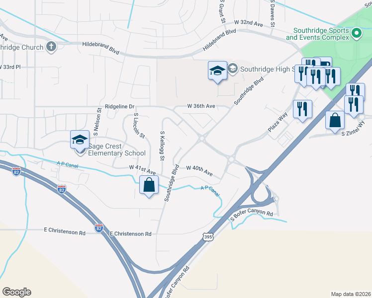 map of restaurants, bars, coffee shops, grocery stores, and more near 5864 West 40th Court in Kennewick