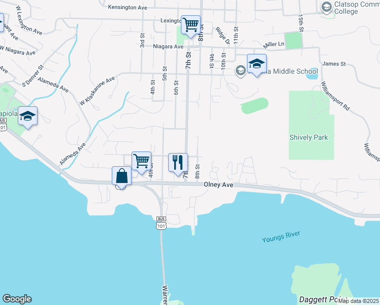 map of restaurants, bars, coffee shops, grocery stores, and more near 722 Nehalem Avenue in Astoria