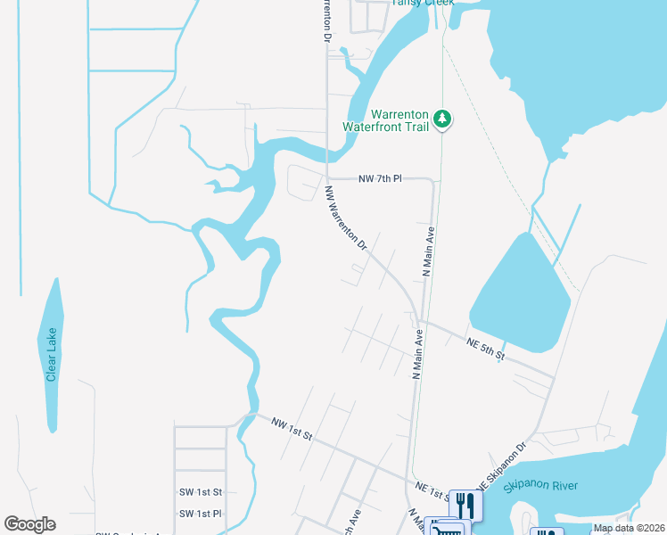 map of restaurants, bars, coffee shops, grocery stores, and more near Northwest Date Avenue in Warrenton