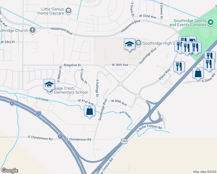 map of restaurants, bars, coffee shops, grocery stores, and more near 5864 West 40th Court in Kennewick