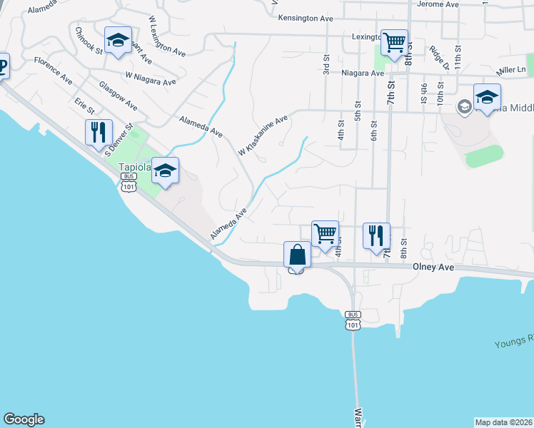 map of restaurants, bars, coffee shops, grocery stores, and more near 343 Cumberland Street in Astoria