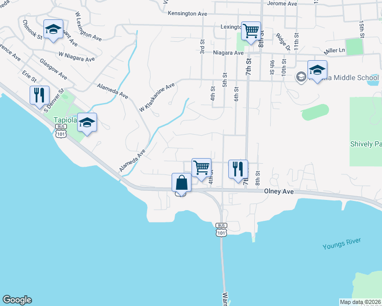 map of restaurants, bars, coffee shops, grocery stores, and more near 40 Auburn Street in Astoria
