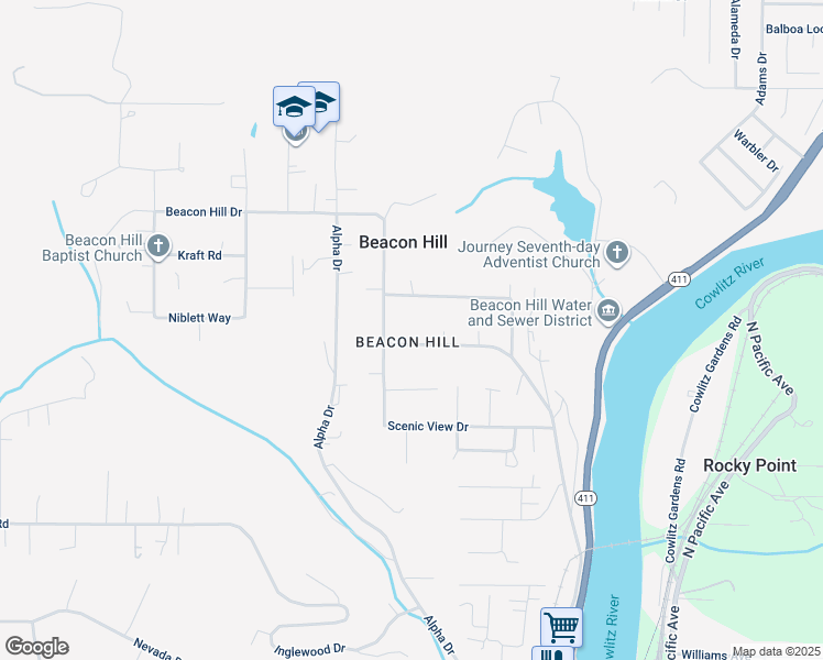 map of restaurants, bars, coffee shops, grocery stores, and more near 152 Beacon Hill Drive in Longview