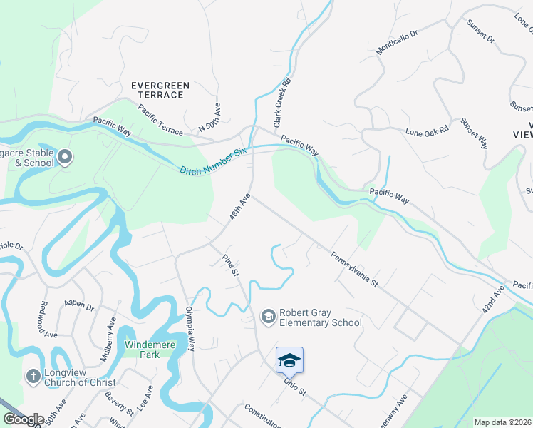 map of restaurants, bars, coffee shops, grocery stores, and more near 4725 Pennsylvania St in Longview