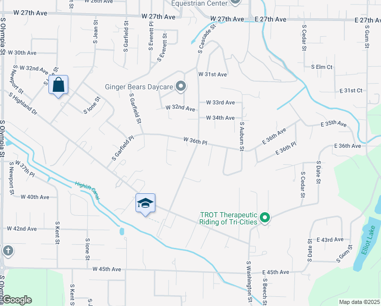 map of restaurants, bars, coffee shops, grocery stores, and more near 3624 South Cascade Street in Kennewick