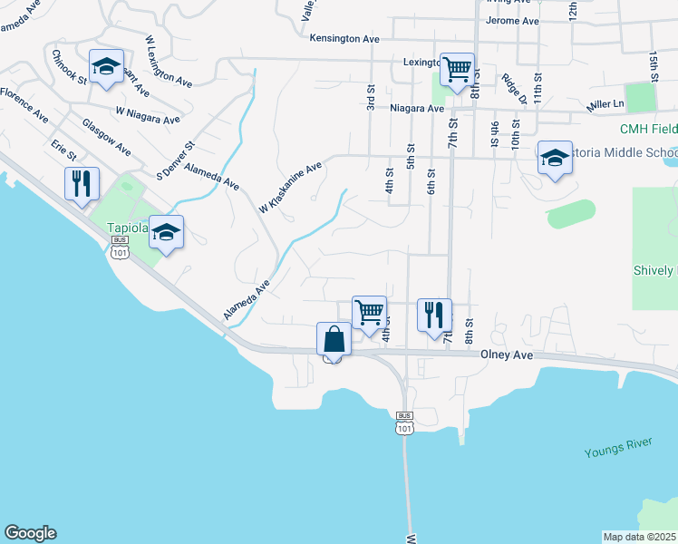map of restaurants, bars, coffee shops, grocery stores, and more near 40 Auburn Street in Astoria