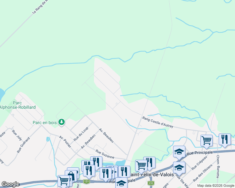map of restaurants, bars, coffee shops, grocery stores, and more near 4950 Avenue du Castle in Saint-Félix-de-Valois