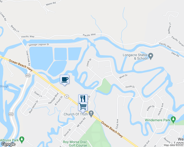 map of restaurants, bars, coffee shops, grocery stores, and more near 5527 Finch Drive in Longview