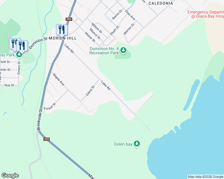 map of restaurants, bars, coffee shops, grocery stores, and more near 261 Lake Road in Glace Bay