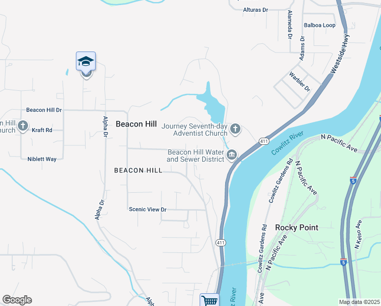 map of restaurants, bars, coffee shops, grocery stores, and more near 134 View Point Drive in Longview