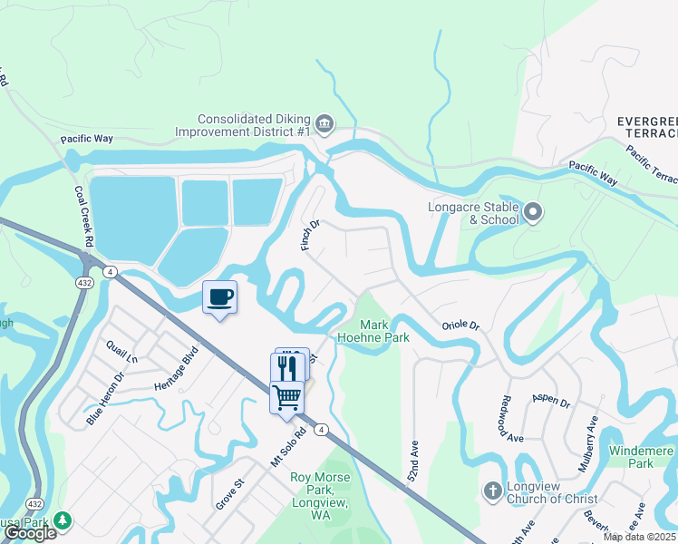 map of restaurants, bars, coffee shops, grocery stores, and more near 5518 Finch Drive in Longview