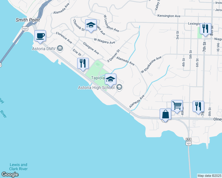 map of restaurants, bars, coffee shops, grocery stores, and more near 1001 West Marine Drive in Astoria