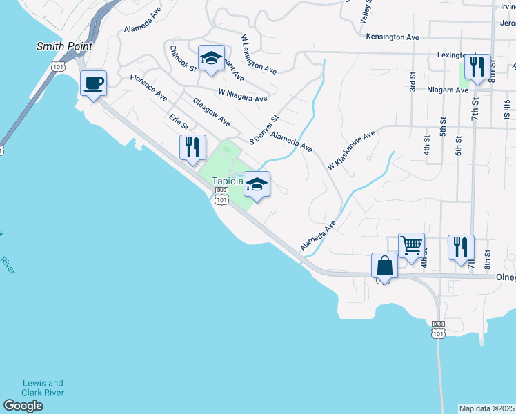 map of restaurants, bars, coffee shops, grocery stores, and more near 1001 West Marine Drive in Astoria