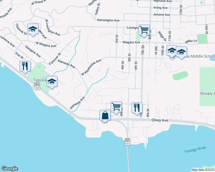 map of restaurants, bars, coffee shops, grocery stores, and more near 40 Auburn Street in Astoria