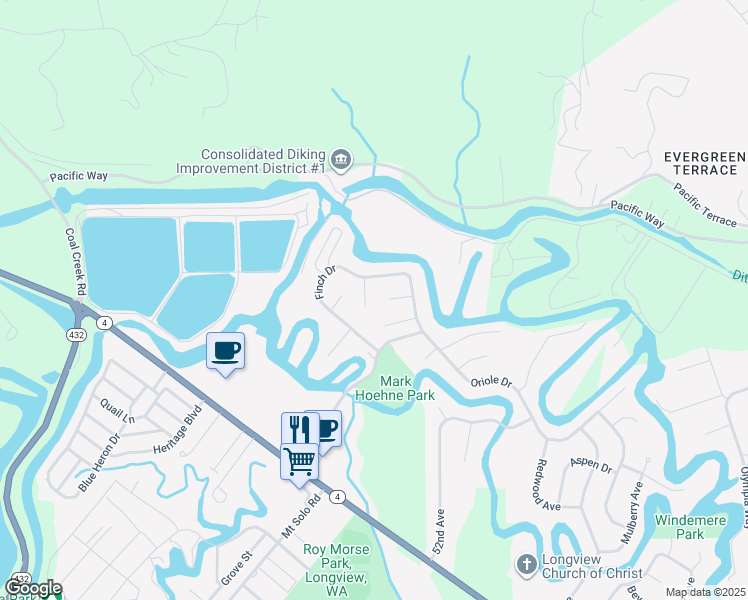 map of restaurants, bars, coffee shops, grocery stores, and more near 5640 Finch Drive in Longview