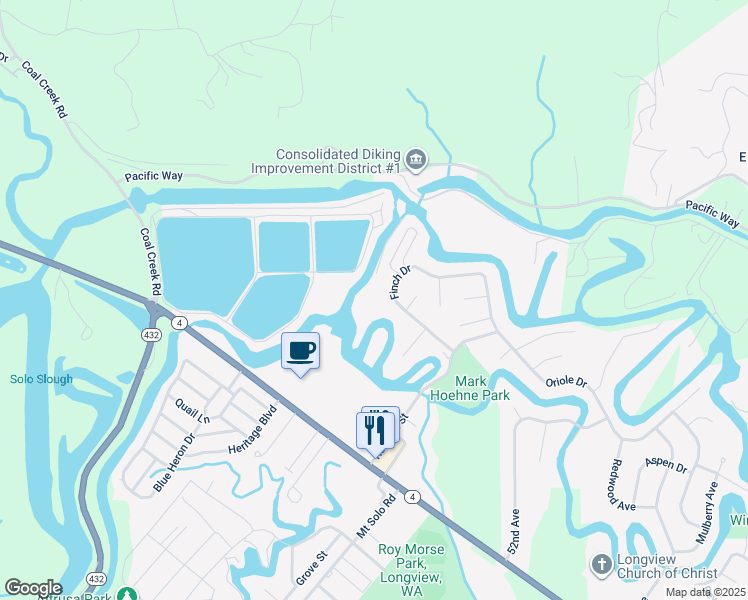 map of restaurants, bars, coffee shops, grocery stores, and more near 5607 Finch Drive in Longview