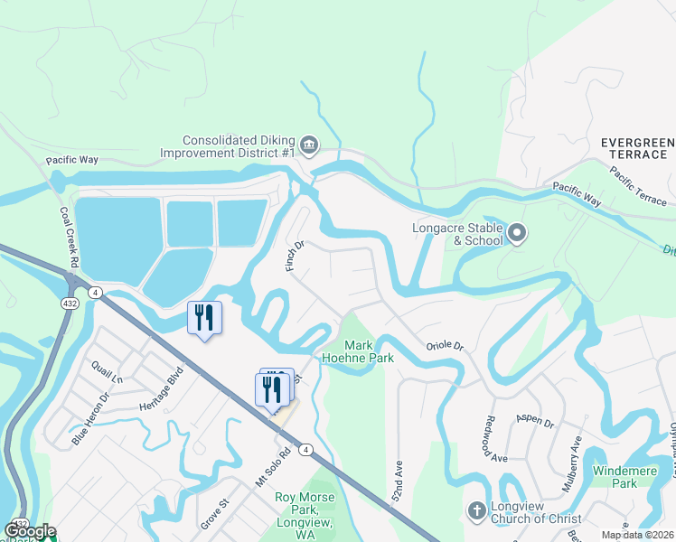 map of restaurants, bars, coffee shops, grocery stores, and more near 5640 Finch Drive in Longview