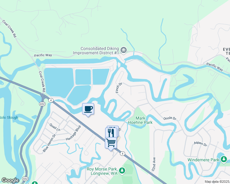 map of restaurants, bars, coffee shops, grocery stores, and more near 5607 Finch Drive in Longview