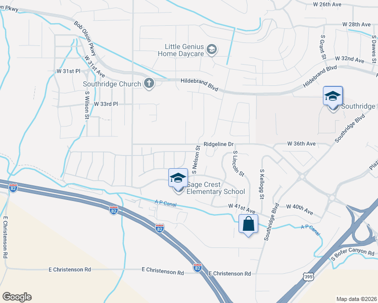 map of restaurants, bars, coffee shops, grocery stores, and more near 5651 West 36th Place in Kennewick