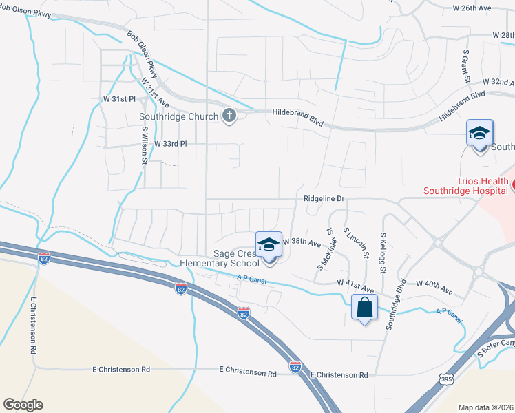 map of restaurants, bars, coffee shops, grocery stores, and more near 6552 Ridgeline Drive in Kennewick