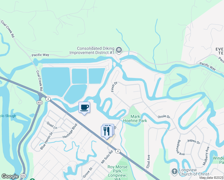 map of restaurants, bars, coffee shops, grocery stores, and more near 5614 Finch Drive in Longview