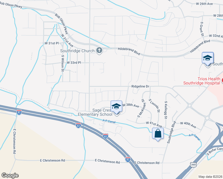map of restaurants, bars, coffee shops, grocery stores, and more near 6552 Ridgeline Drive in Kennewick