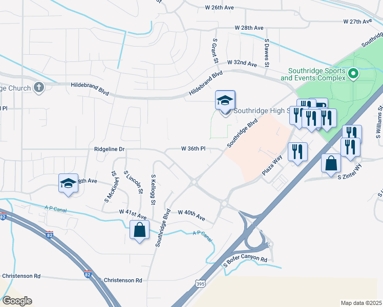 map of restaurants, bars, coffee shops, grocery stores, and more near 3700 Southridge Boulevard in Kennewick