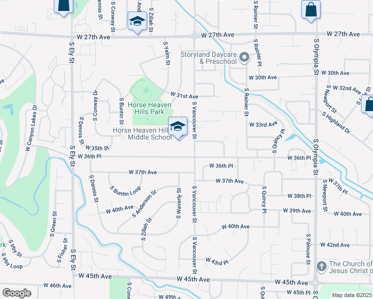 map of restaurants, bars, coffee shops, grocery stores, and more near 3500 South Vancouver Street in Kennewick
