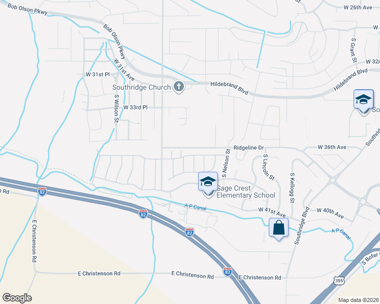 map of restaurants, bars, coffee shops, grocery stores, and more near 6552 Ridgeline Drive in Kennewick