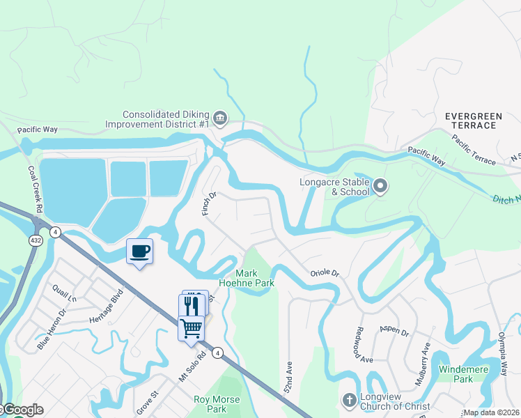 map of restaurants, bars, coffee shops, grocery stores, and more near 5660 Finch Drive in Longview