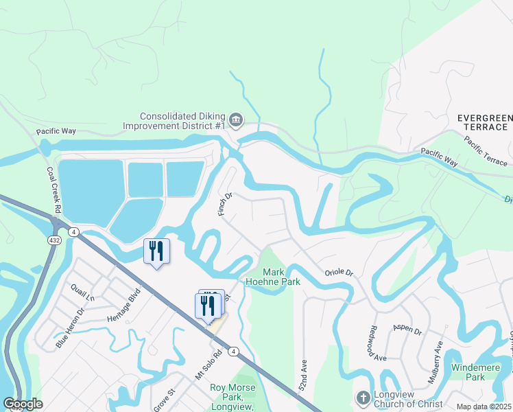 map of restaurants, bars, coffee shops, grocery stores, and more near 5640 Finch Drive in Longview