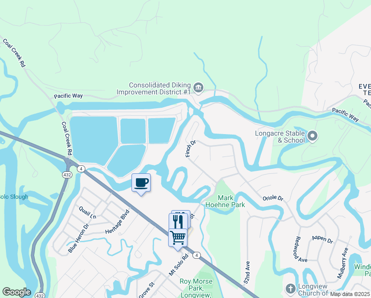 map of restaurants, bars, coffee shops, grocery stores, and more near 5614 Finch Drive in Longview