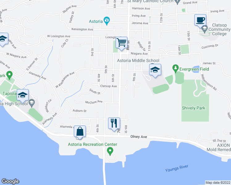 map of restaurants, bars, coffee shops, grocery stores, and more near 1650 6th Street in Astoria