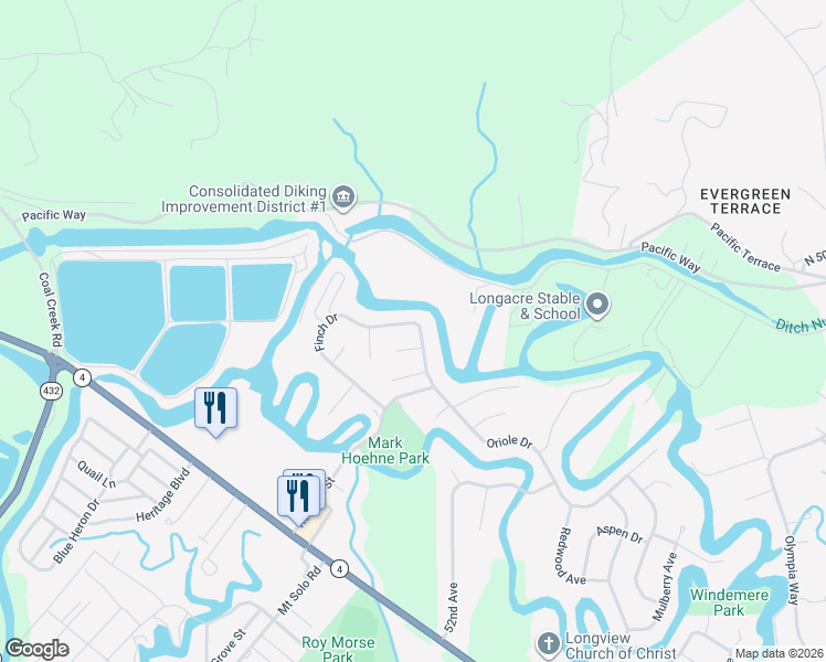map of restaurants, bars, coffee shops, grocery stores, and more near 5660 Finch Drive in Longview