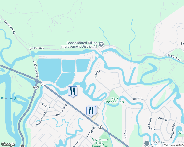 map of restaurants, bars, coffee shops, grocery stores, and more near 5607 Finch Drive in Longview
