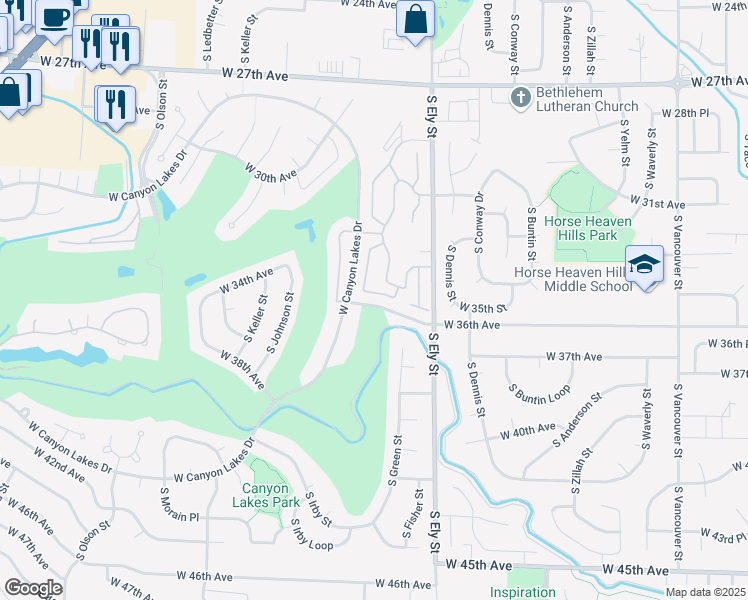 map of restaurants, bars, coffee shops, grocery stores, and more near 3538 South Huntington Loop in Kennewick