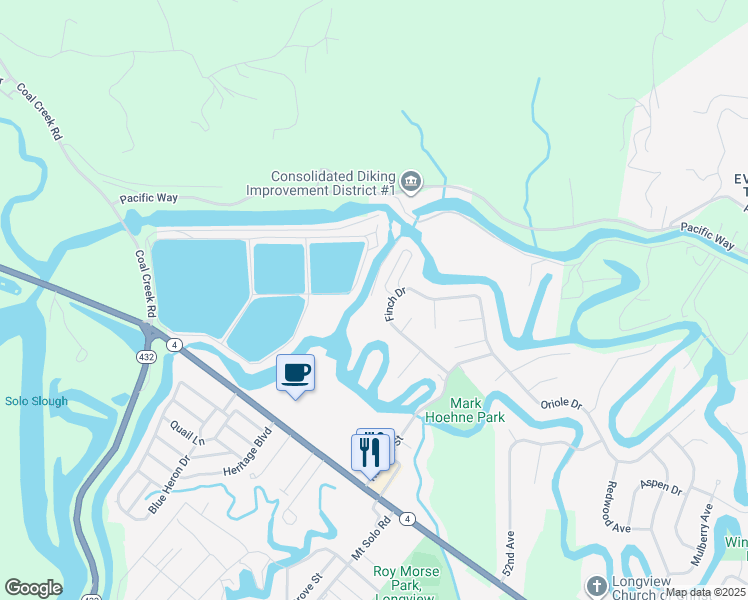 map of restaurants, bars, coffee shops, grocery stores, and more near 5607 Finch Drive in Longview