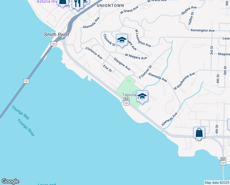 map of restaurants, bars, coffee shops, grocery stores, and more near 101 South Denver Avenue in Astoria