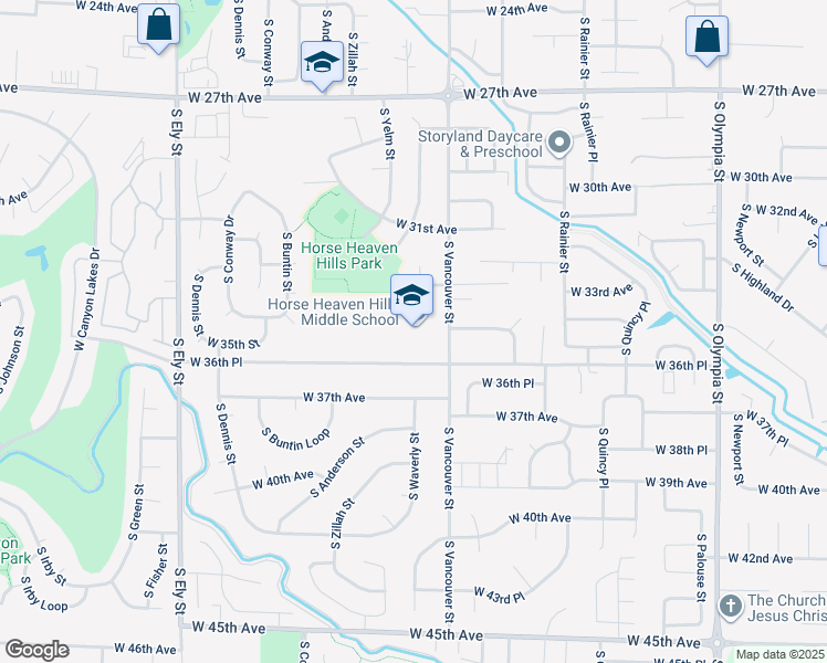 map of restaurants, bars, coffee shops, grocery stores, and more near 3500 South Vancouver Street in Kennewick