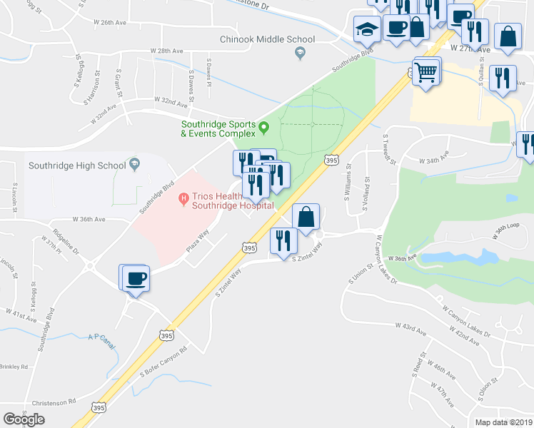 map of restaurants, bars, coffee shops, grocery stores, and more near 3609 Hildebrand Boulevard in Kennewick