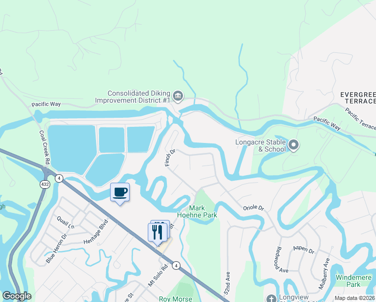 map of restaurants, bars, coffee shops, grocery stores, and more near 5633 Finch Drive in Longview