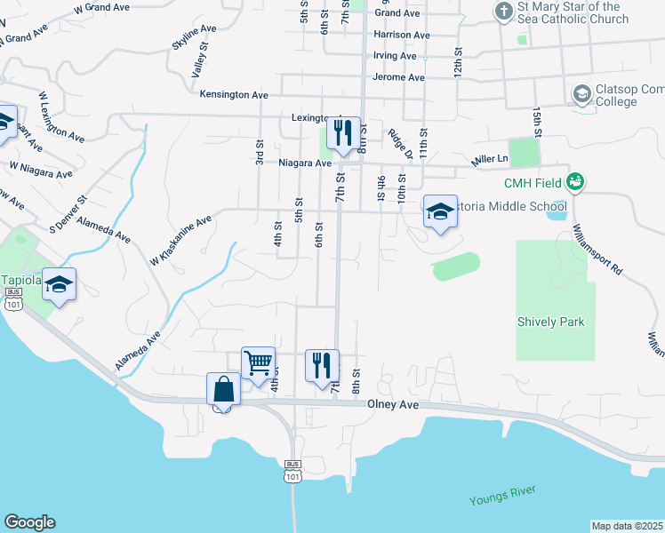 map of restaurants, bars, coffee shops, grocery stores, and more near 1650 6th Street in Astoria