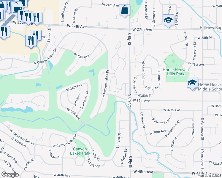 map of restaurants, bars, coffee shops, grocery stores, and more near 3538 South Huntington Loop in Kennewick