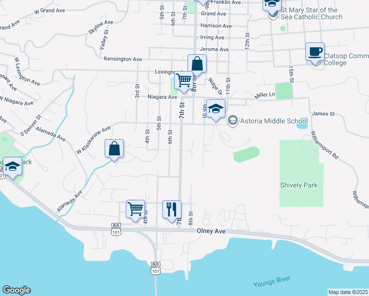 map of restaurants, bars, coffee shops, grocery stores, and more near 1617 8th Street in Astoria