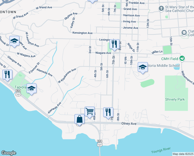 map of restaurants, bars, coffee shops, grocery stores, and more near 1547 5th Street in Astoria