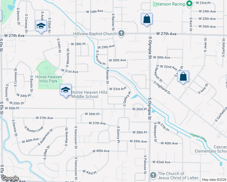 map of restaurants, bars, coffee shops, grocery stores, and more near 1701 West 33rd Avenue in Kennewick