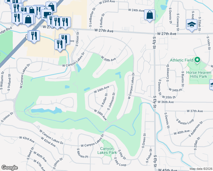 map of restaurants, bars, coffee shops, grocery stores, and more near 3312 West 34th Avenue in Kennewick