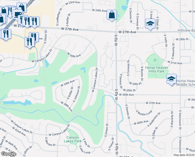 map of restaurants, bars, coffee shops, grocery stores, and more near 3409 South Huntington Loop in Kennewick