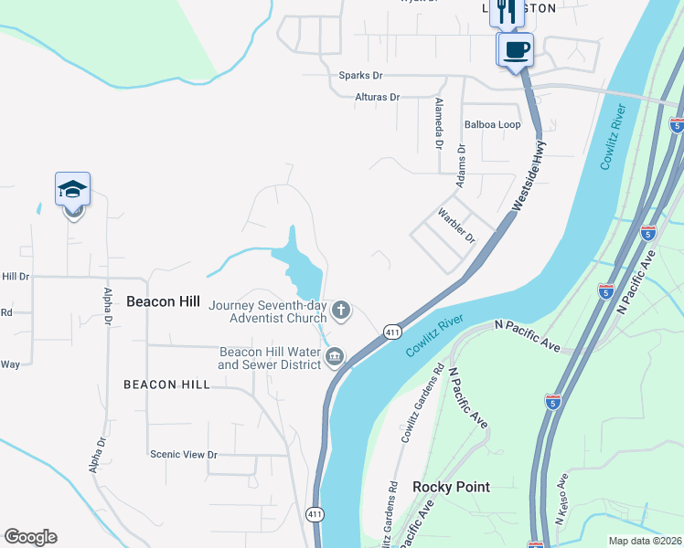 map of restaurants, bars, coffee shops, grocery stores, and more near 120 Solomon Road in Kelso